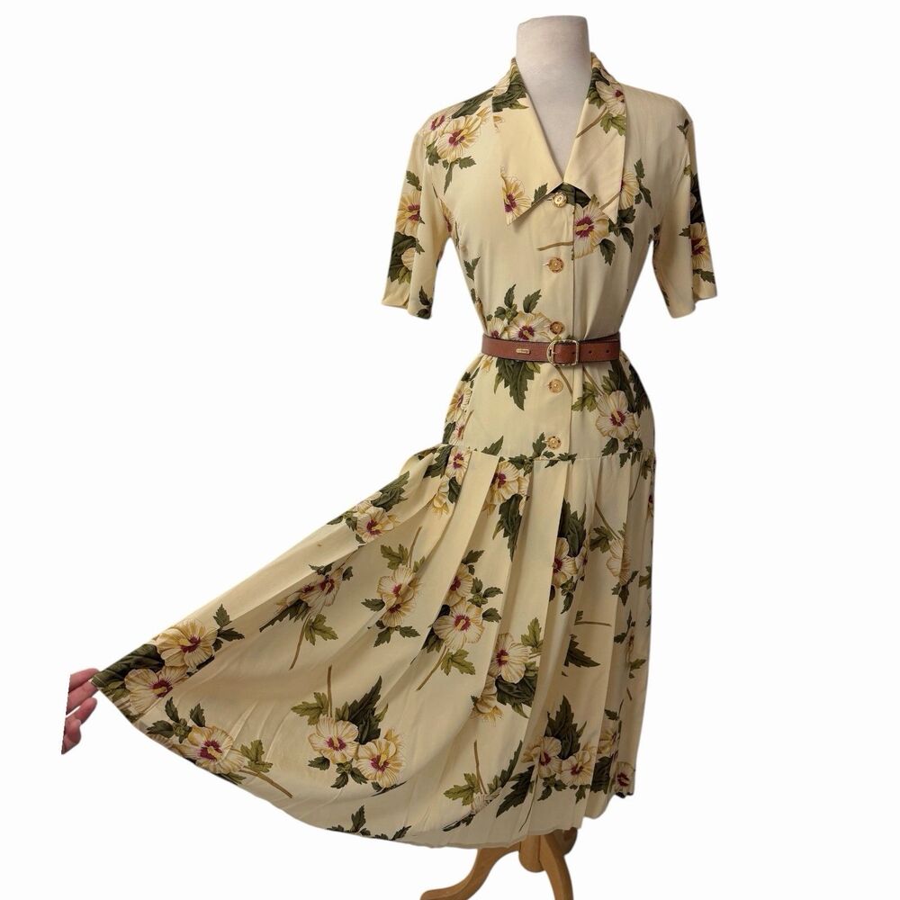 VTG Gillian 100% Silk Drop Waist Midi Dress 40s Cottagecore Hibiscus Ivory 4